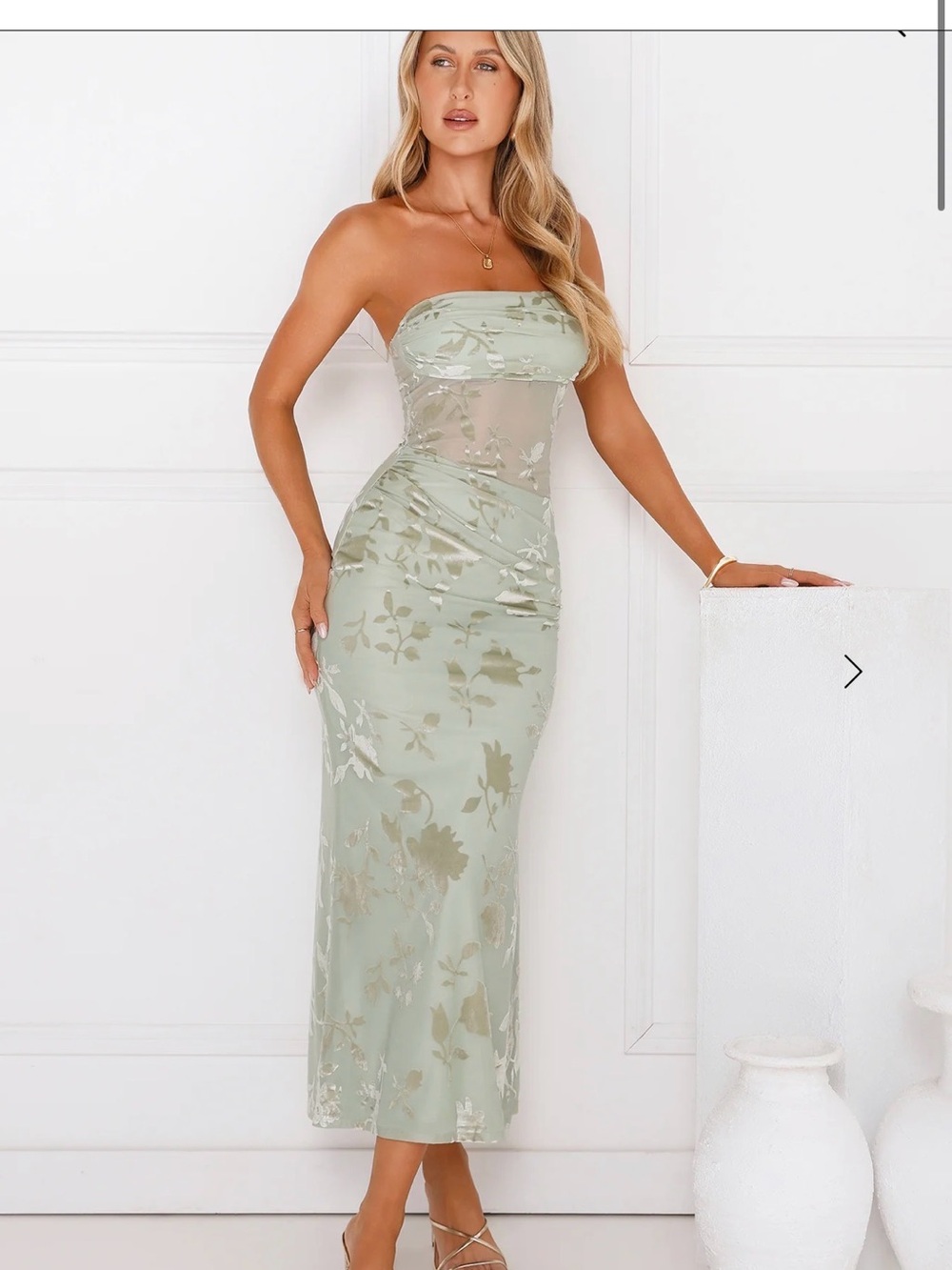 Hello Molly Sage Floral Strapless Mesh Waist Midi Dress